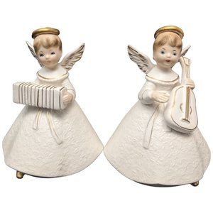 National Potteries Angels Playing Music Instruments Bedford OH Set 2 Vtg Japan
